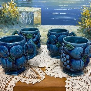 VTG INARCO INDIGO BLUE MOOD COFFEE MUGS (LOT OF 4) E-24313D FRUIT